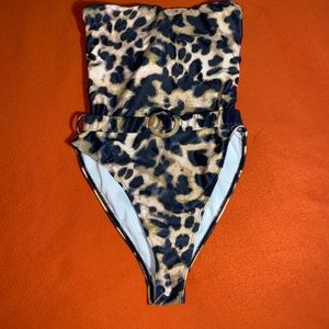 Camel Leopard Print Bandeau Belted Swimsuit